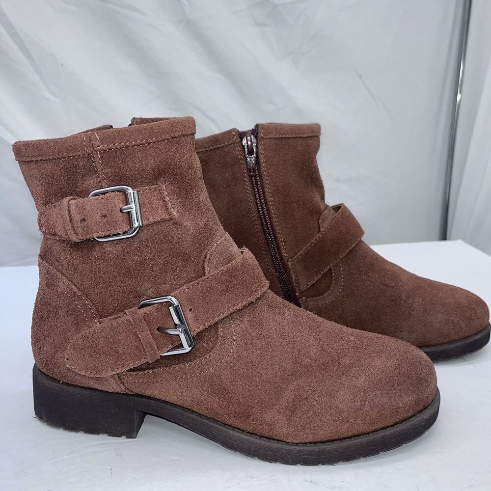 Steve Madden Alick Side Zip Buckle Ankle Nubuck Booties Shoes Size 7.5 Brown